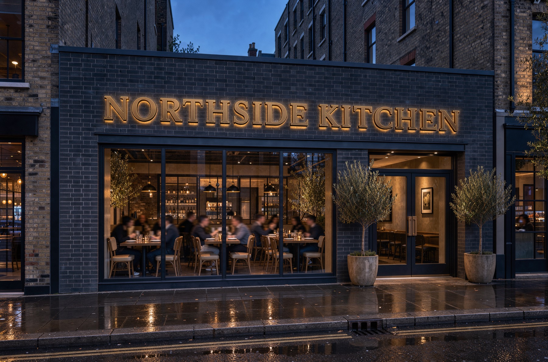Serif halo-lit letters on dark brick