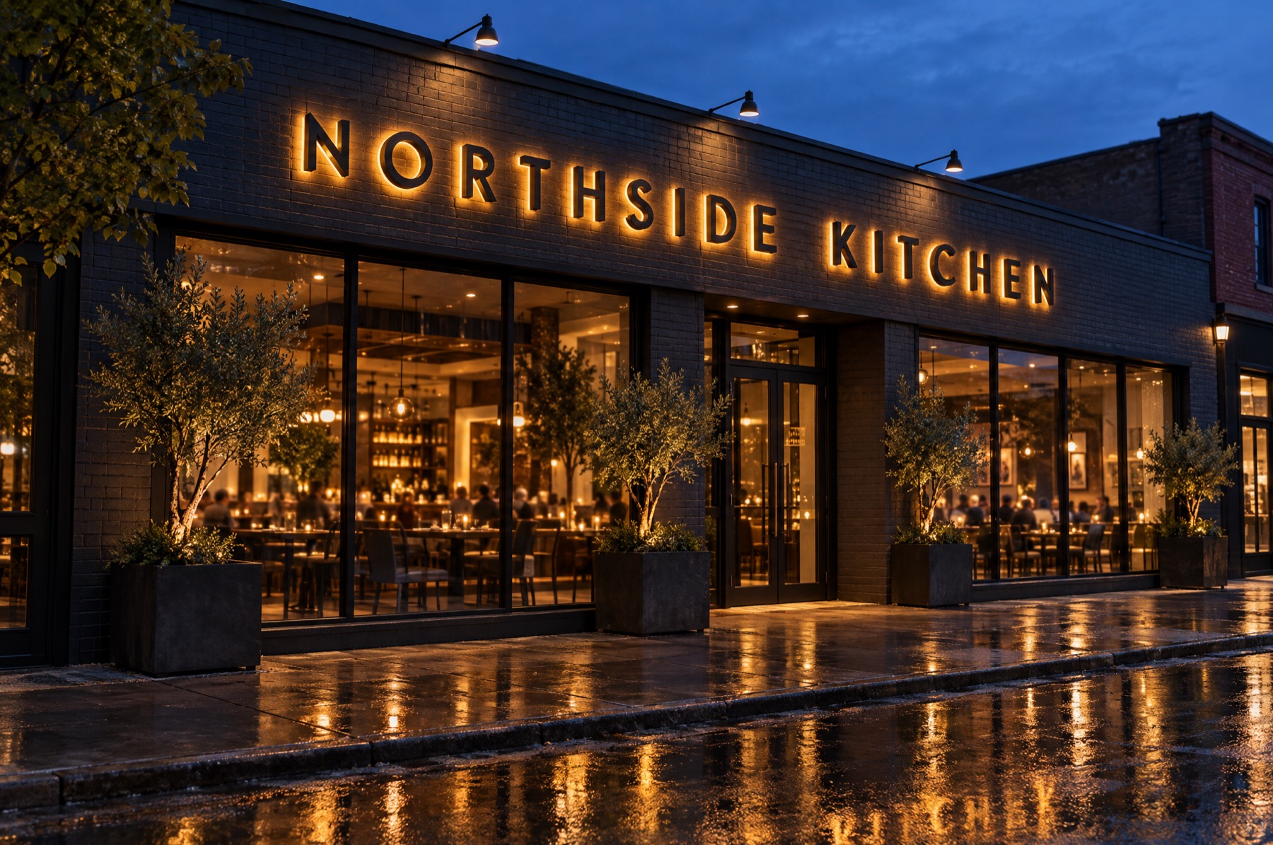 Wide storefront with halo-lit letters