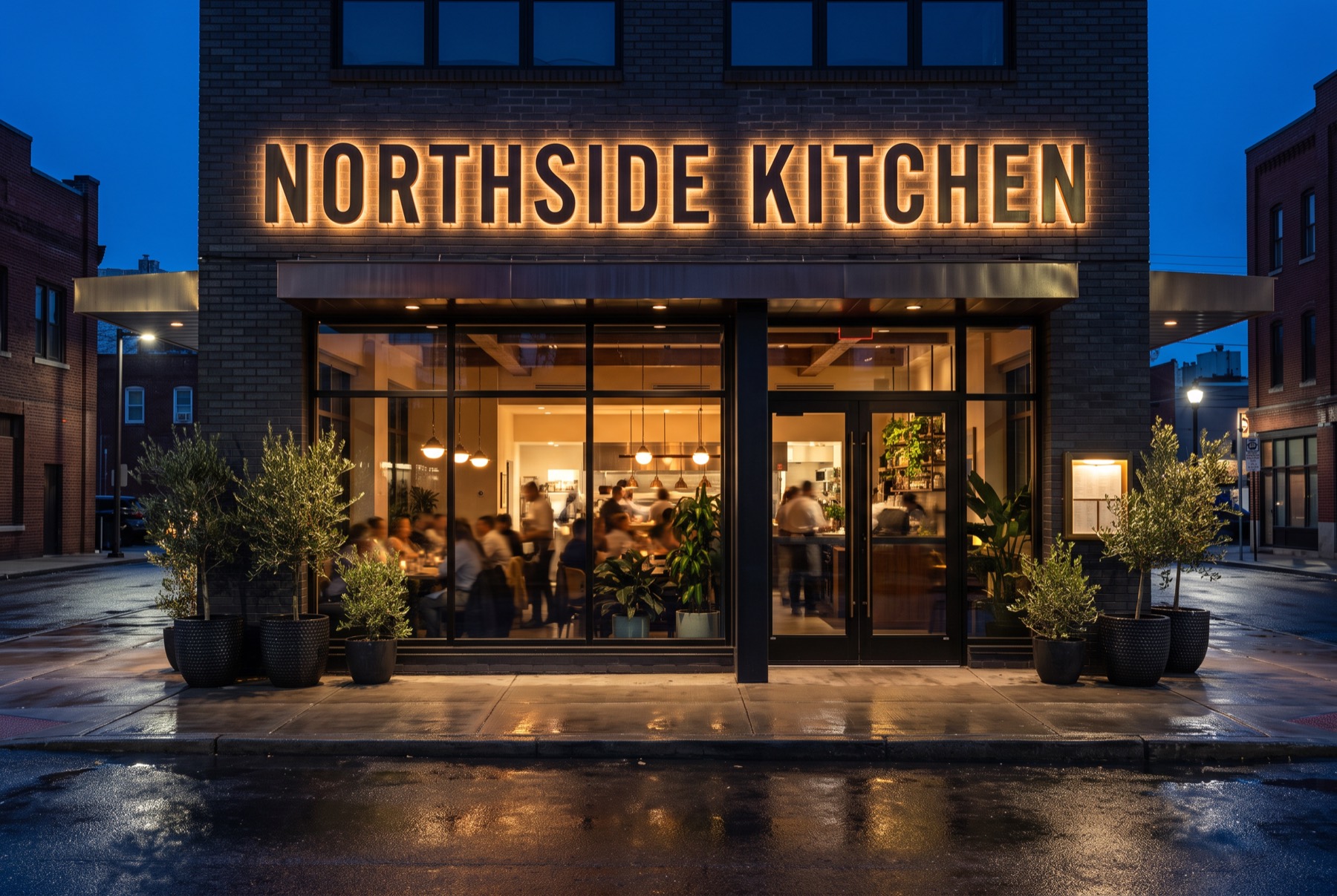 Halo-lit bronze letters, restaurant facade